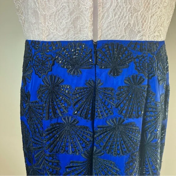 Emilio Pucci Blush Lace Beaded Bird Sleeveless Blue Scallop Shell Dress size 14 - Picture 14 of 15